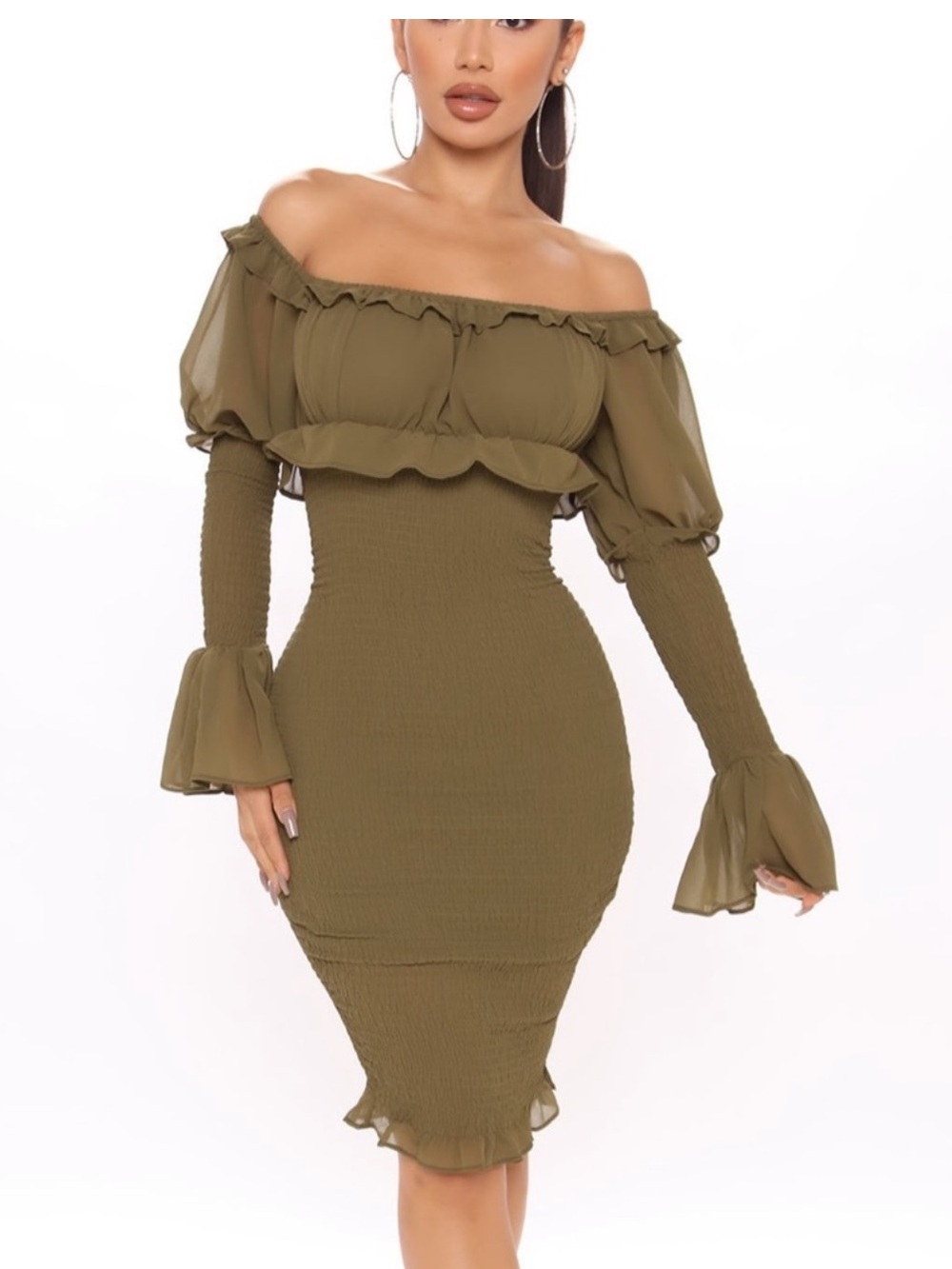Fashion Nova “Kiss me smocked”Midi Olive Green off Shoulder Ruffle Bodycon Dress